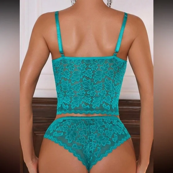 Teal green romantic floral lace panty and bralette lingerie set